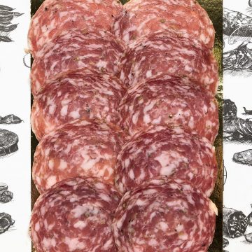 A tray of thinly sliced salami arranged in overlapping rows on a gold-colored platter, set against a white background with black food illustrations.